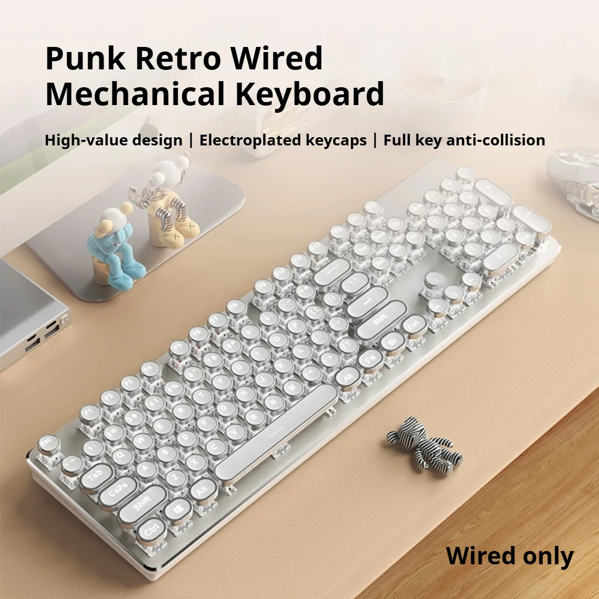 EWEADN Punk Typewriter Mechanical Gaming Keyboard, 104Keys Wired Retro Round Keycaps with LED Backlit, for Windows Laptop PC