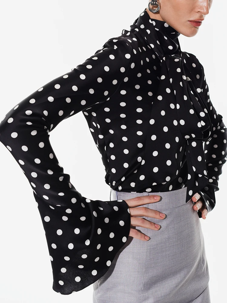 VGH Colorblack Polka Dot Slimming Shirts For Women Scarf Collar Flare Sleeve Patchwork Lace Up Temperament Blouses Female New