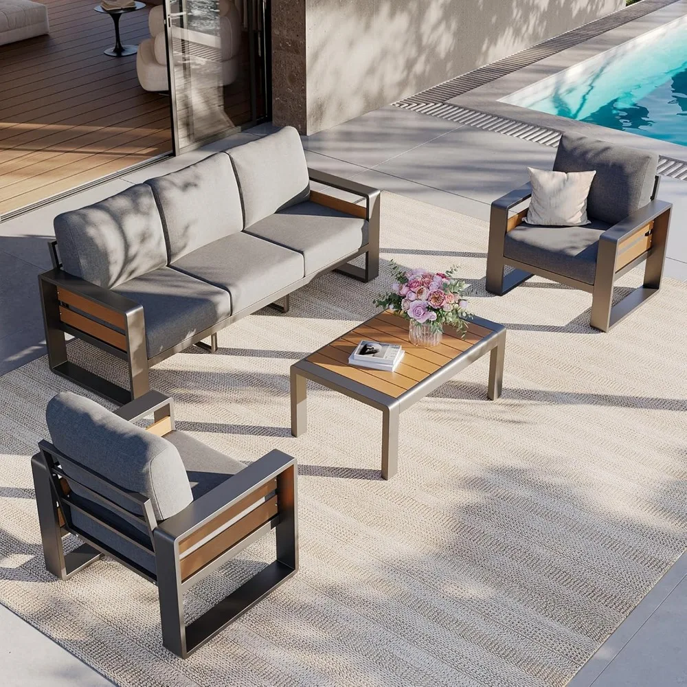 Aluminum Patio Furniture Set Metal Conversation Coffee Table 6" Cushions 3 Seat Sofa Outdoor Backyard Poolside, Custom
