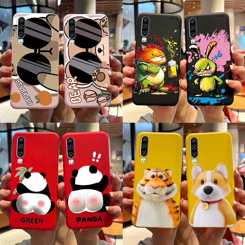 LIquid Silicone Case For Huawei P30 Shockproof Back Cover For Huawei P30 Pro P30 lite nova 4e Cartoon Protection Coque