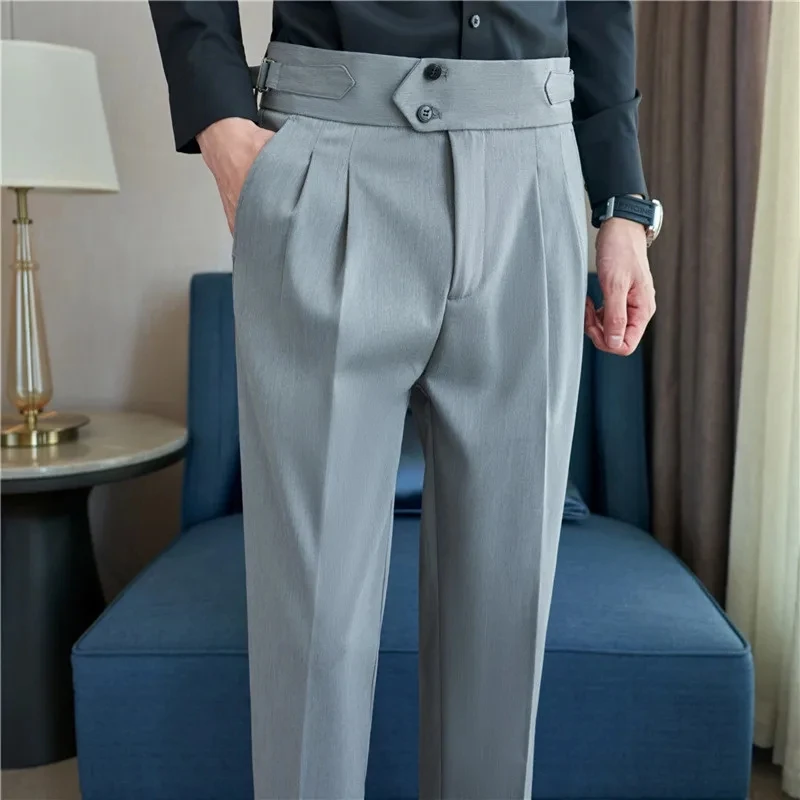 British Style Autumn New Solid High Waist Trousers Men Formal Pants High Quality Slim Fit Business Casual Suit Pants Hommes