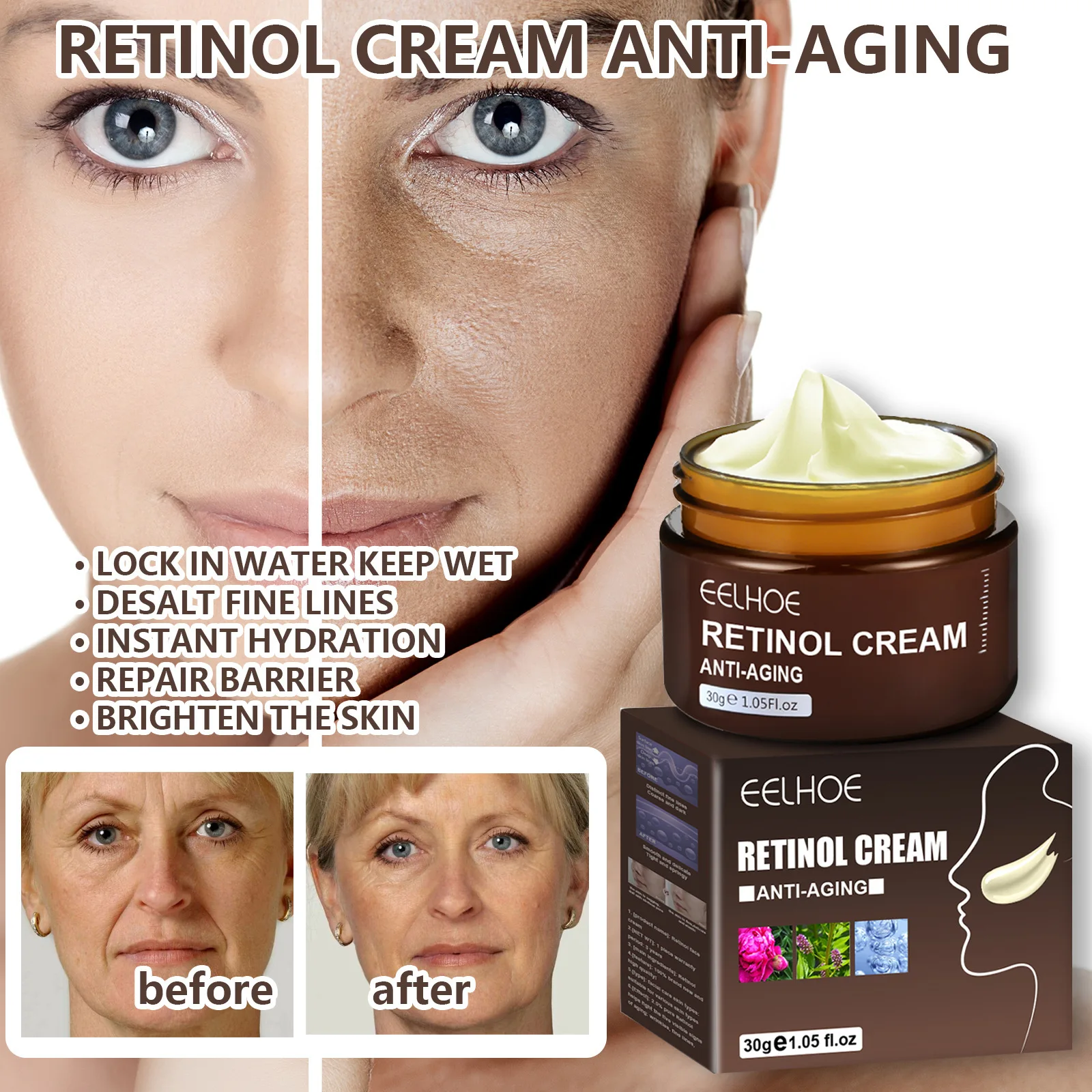 Retinol Instant Rimpel Verwijderen Gezichtscrème Lifting Anti-Aging Fade Fijne Lijntjes Hyaluronzuur Whitening Hydraterende Huidverzorging