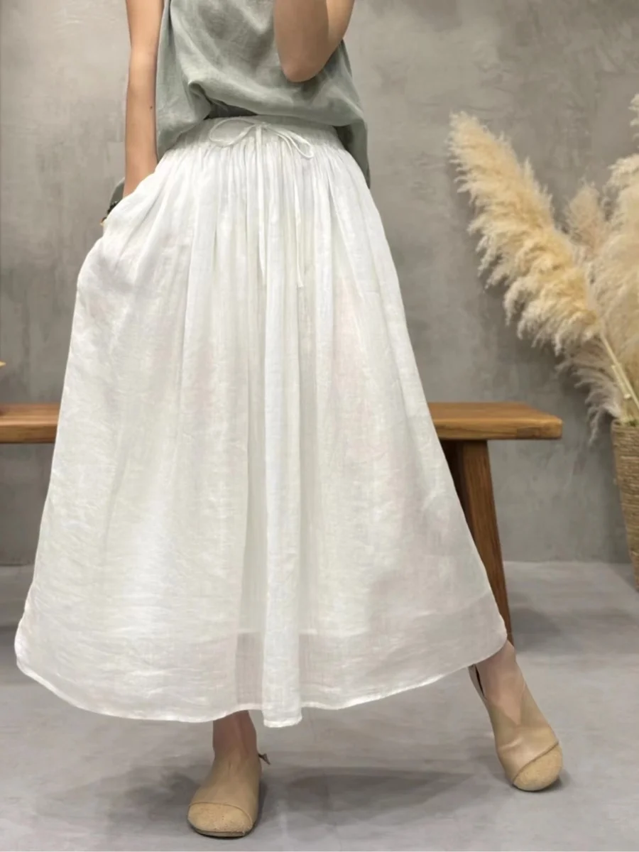 Elegant Artistic Summer New Style Pure Color Loose Waist Fairy Skirt Women's High Waist Midi Skirt A-Line Long Skirt