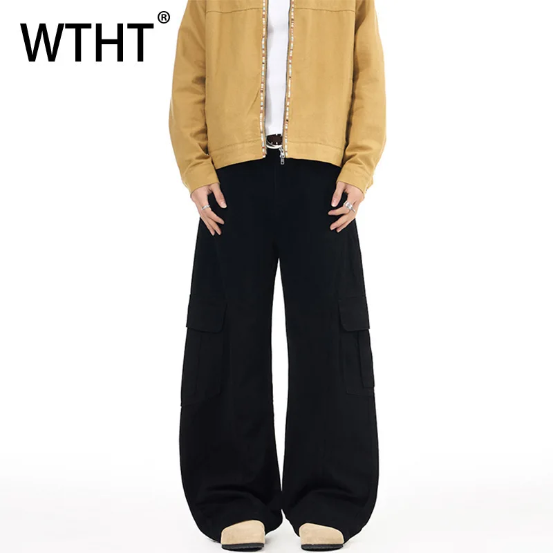 

WTHT Fashion Men's Spliced Big Pockets Design Cargo Pants Trendy 2025 Winter American Style Wide Leg Casual Jeans Male 2A2548