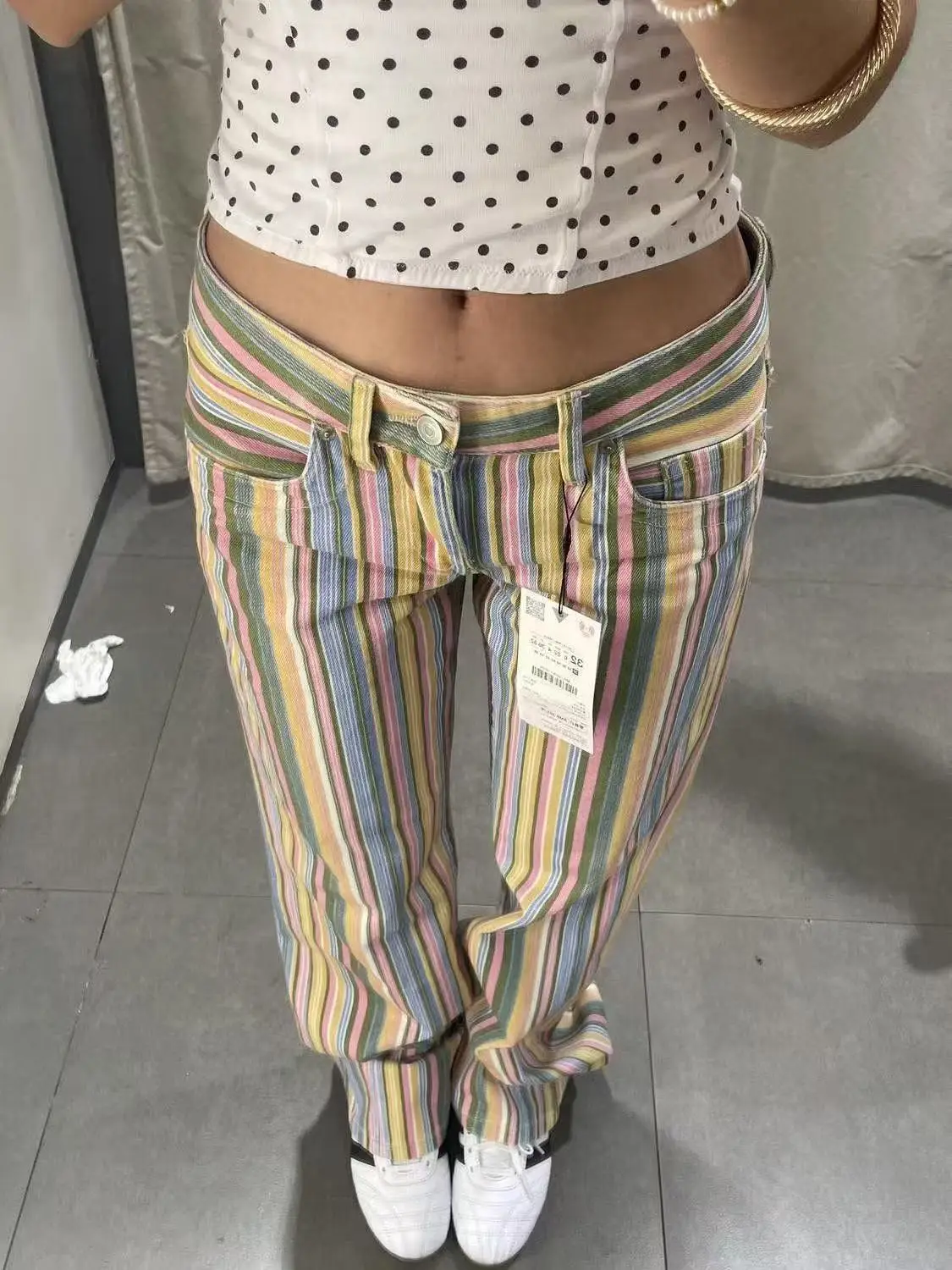 Women's Jean Contrast Color Striped Straight Low Rise Denim Pants Y2K Japanese Harajuku American Retro High Street Long Trousers