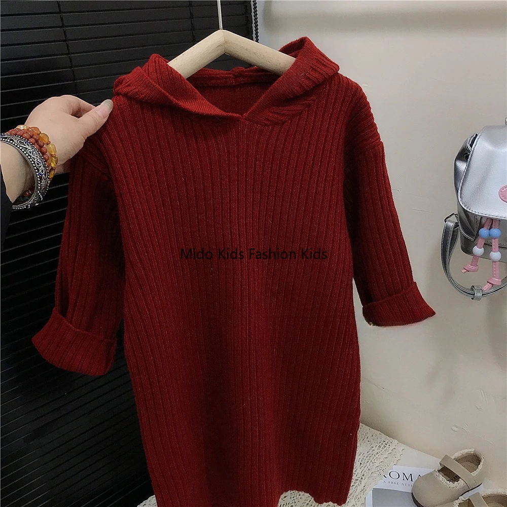 Girls lazy wind skirt autumn  winter thickened hooded knitted dress new loose version  jumper long skirt 90-140CM