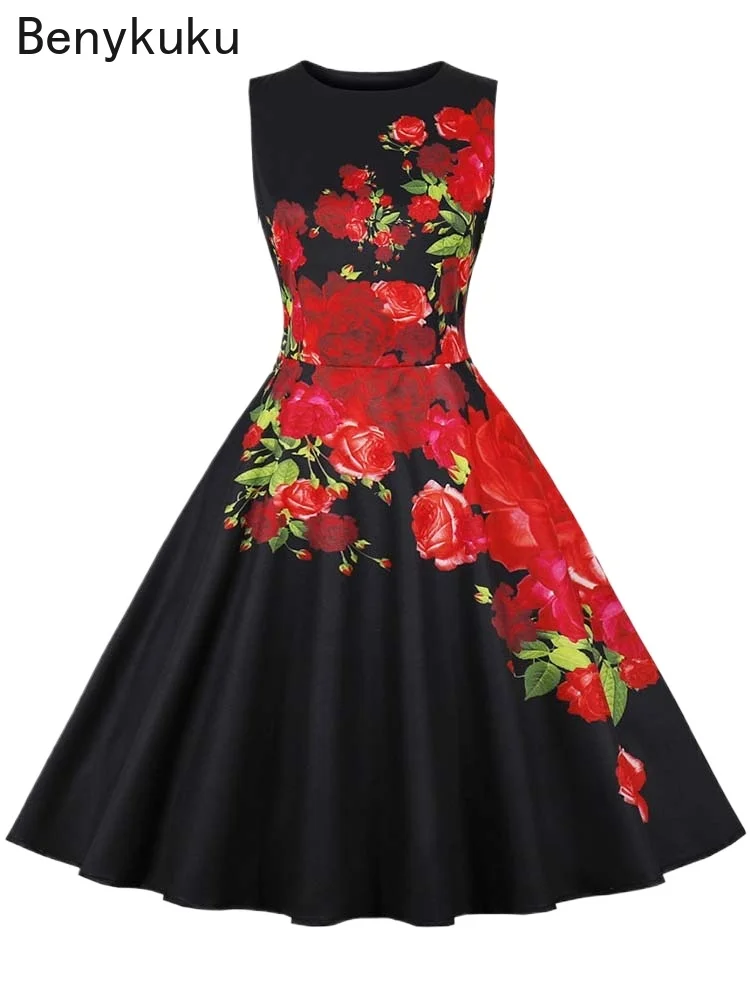 1950s Vintage Summer Dress Women Elegant Party Dresses Sleeveless Retro Swing Floral Print Casual Midi Sundress Goth Robe 2026