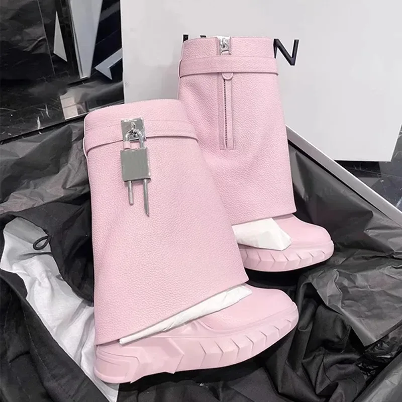 Genuine Leather Shark Boots Metal Lock Buckle Thick Bottom Short Tube Women's Fashion Pants Boot High Heel round Toe Rubbe