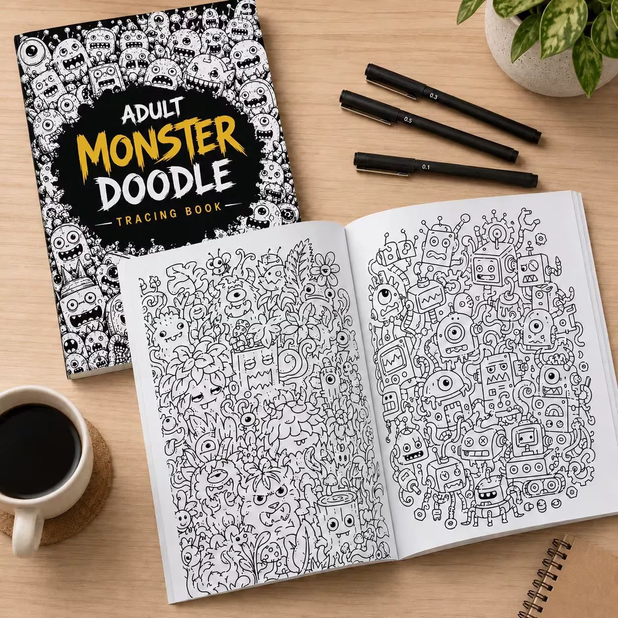 Monster Doodle Tracing Book for Adults, Cute Monster Line Art Trace and Color Book, Anti-Anxiety Graffiti Drawing Workbook