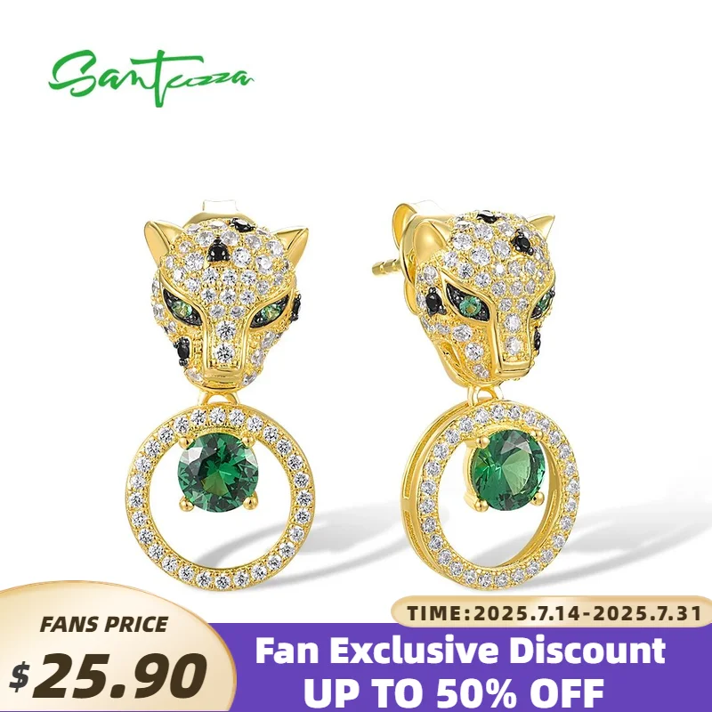 

SANTUZZA Real 925 Sterling Silver Leopard Earrings For Women Green Spinel White CZ Dangling Animal Safari Cute Fine Jewelry