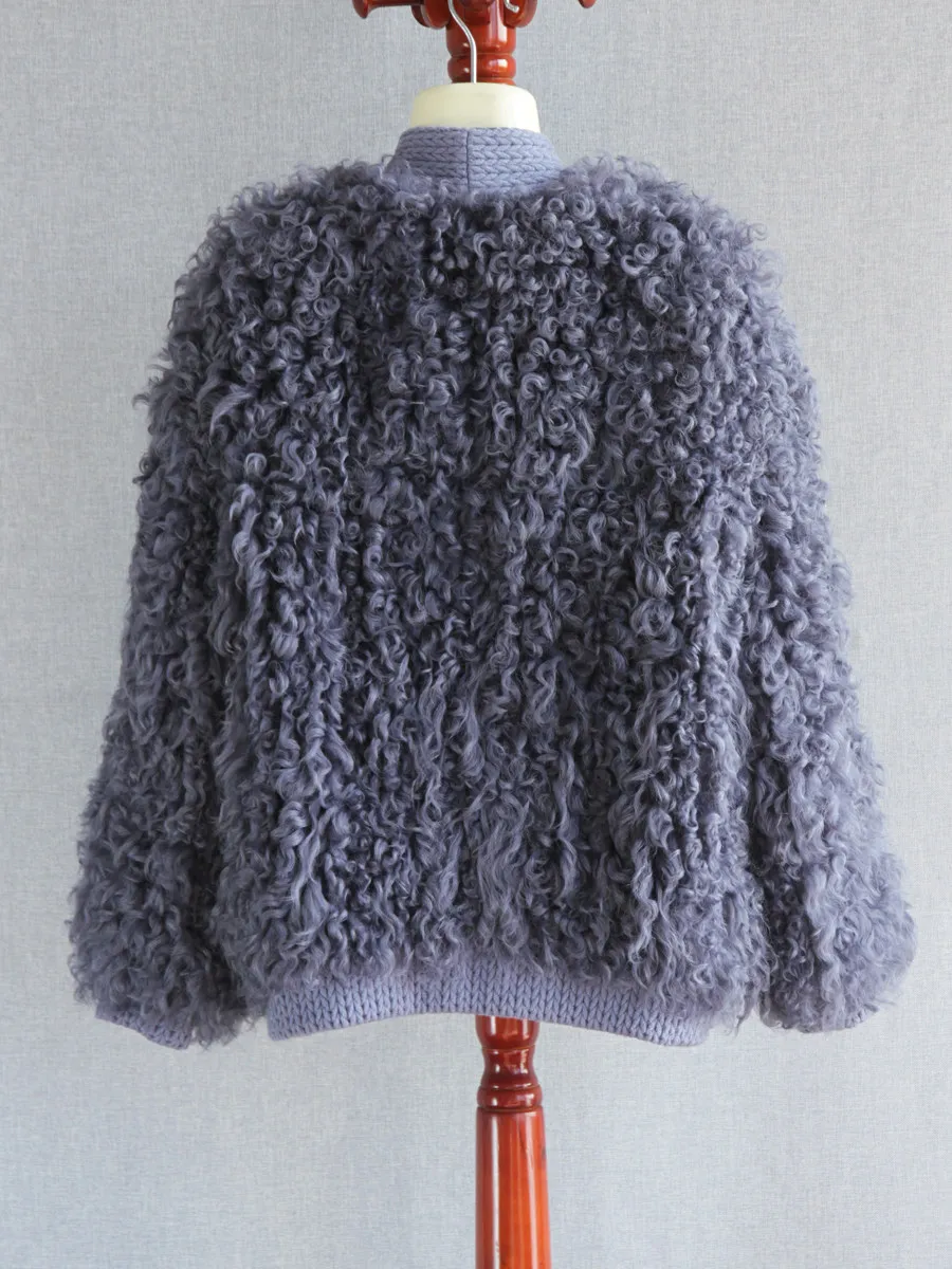 2025 imported lamb fur jacket V-neck silhouette fashion hand-woven wool coat ring wool