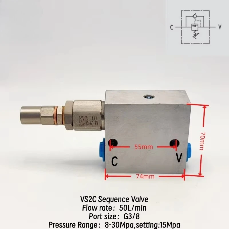

VS2C-G3/8 Direct Acting Sequence Pressure Control Valve Zinc-Plated Steel Body In-Line G3/8 350bar 40-50 L/min Flow BUNA N Seals