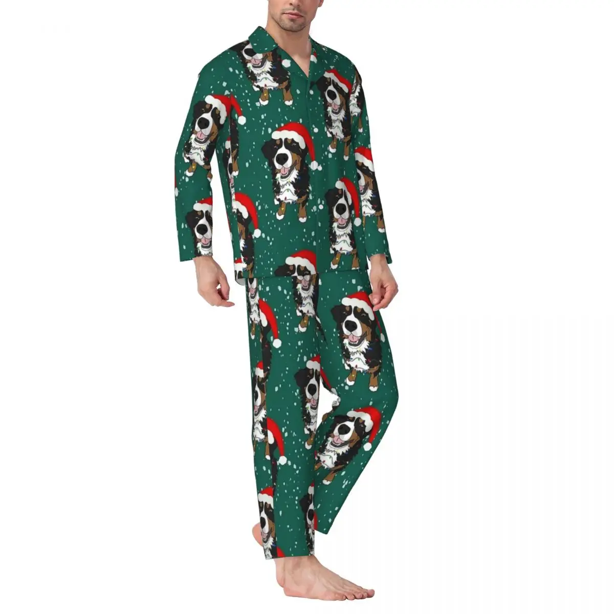 Christmas Bernese Mountain Dog Sleepwear Autumn Loose Oversized Pajamas Set Men Long-Sleeve Comfortable Home Printed Home Suit