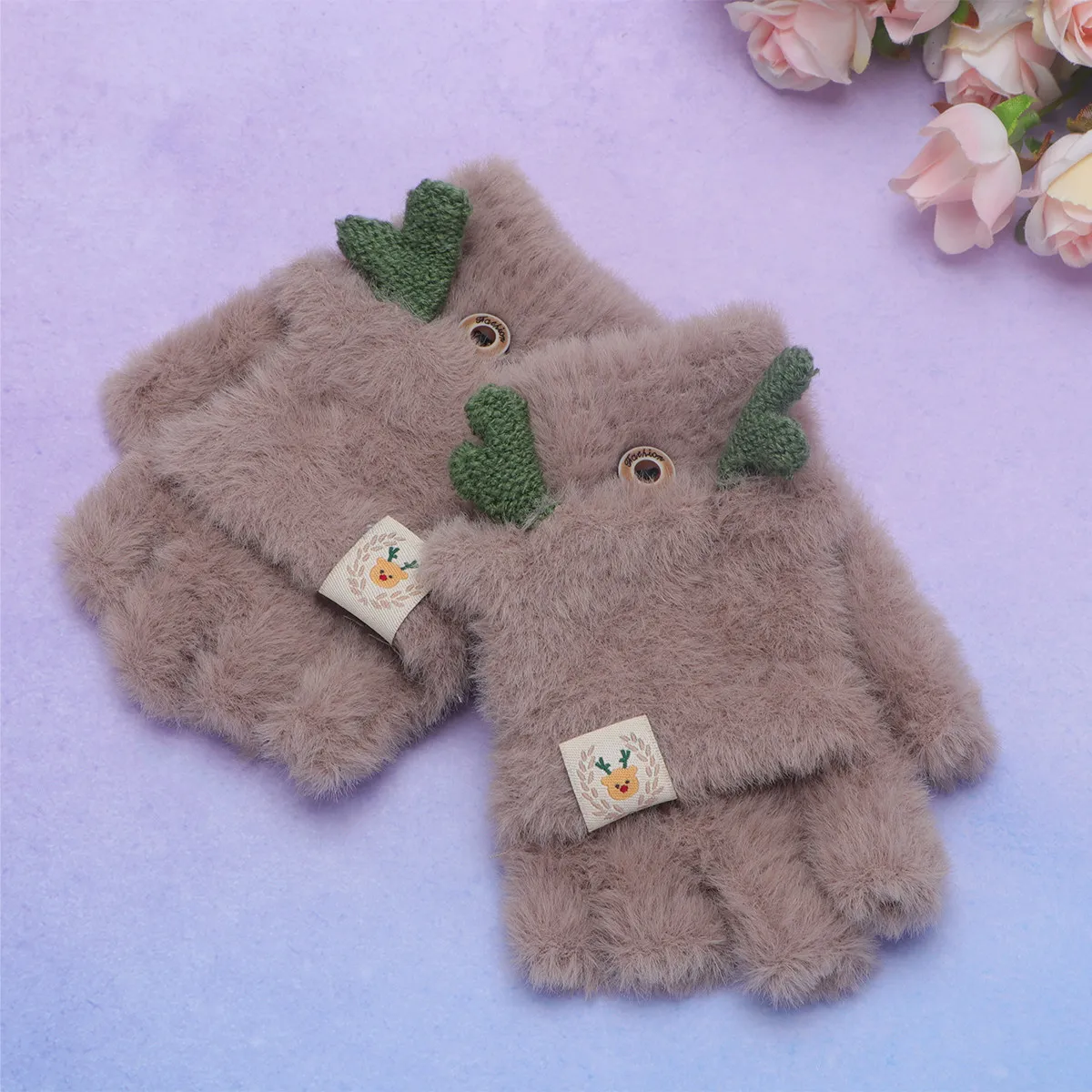 

1Pair Kids Winter Warm Gloves Thick Fleece Lined Thermal Hand Protectors for Cold Weather Outdoor Play Cute Antler Design Khaki