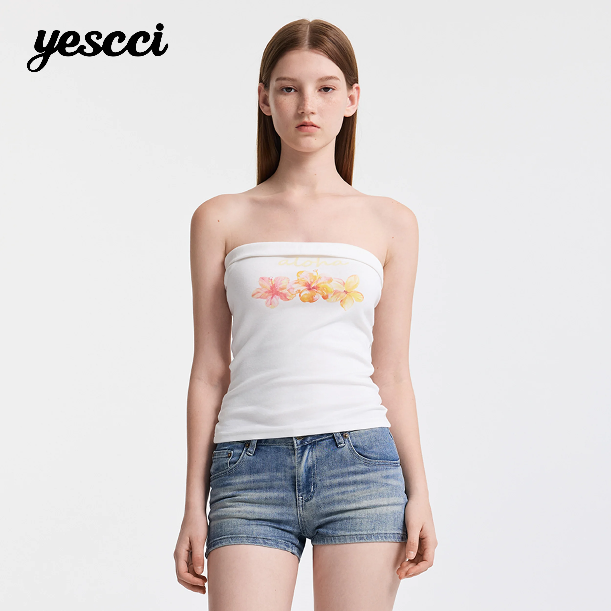 YESCCI Women's Sleeveless 2026 Summer New Versatile Casual Print Cotton Women Strapless Non-slip Strip Fitted Tube Top S56527165