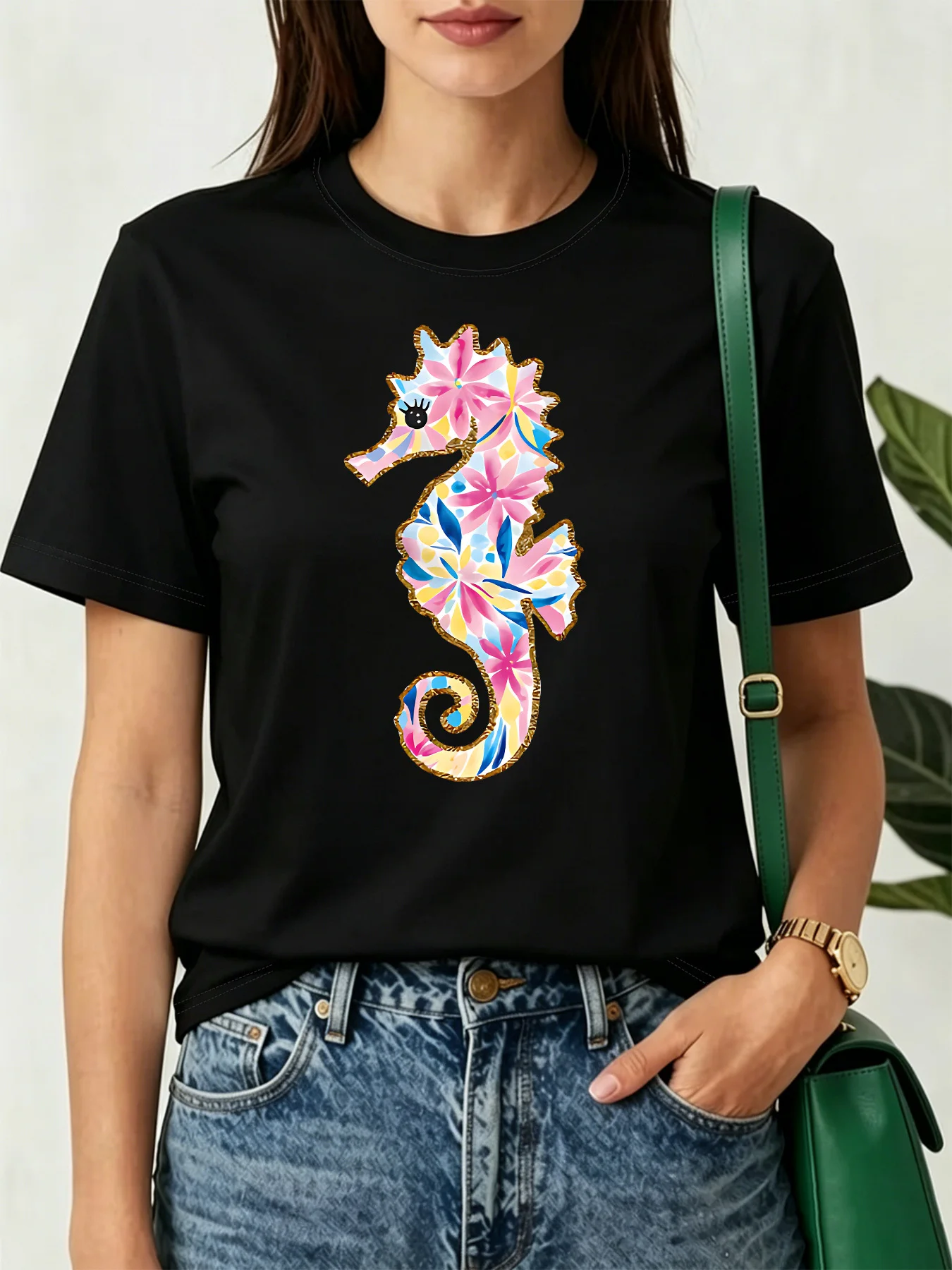 Cute Floral Pattern Seahorse Glitter Border Ocean Art Print Graphic Womens T Shirt Short Sleeve Crew Neck Casual Ladies Tee Tops