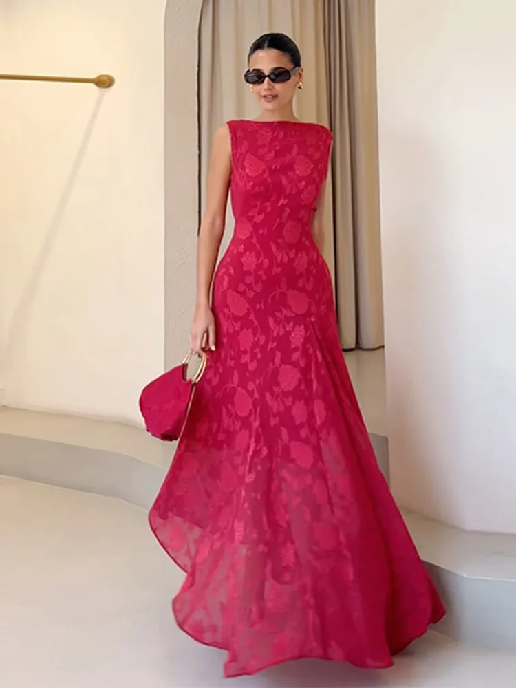 자카드 주름 이브닝 파티 드레스 여성 가운 민소매 백리스 우아한 섹시 드레스 바디콘 롱 여름 웨딩 드레스