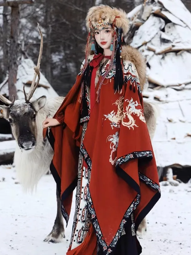 

Tibetan Women's Winter Snowscape Embroidered Dragon Costume Jintang Travel Photography Ethnic Fashion Polyester Blend Dress