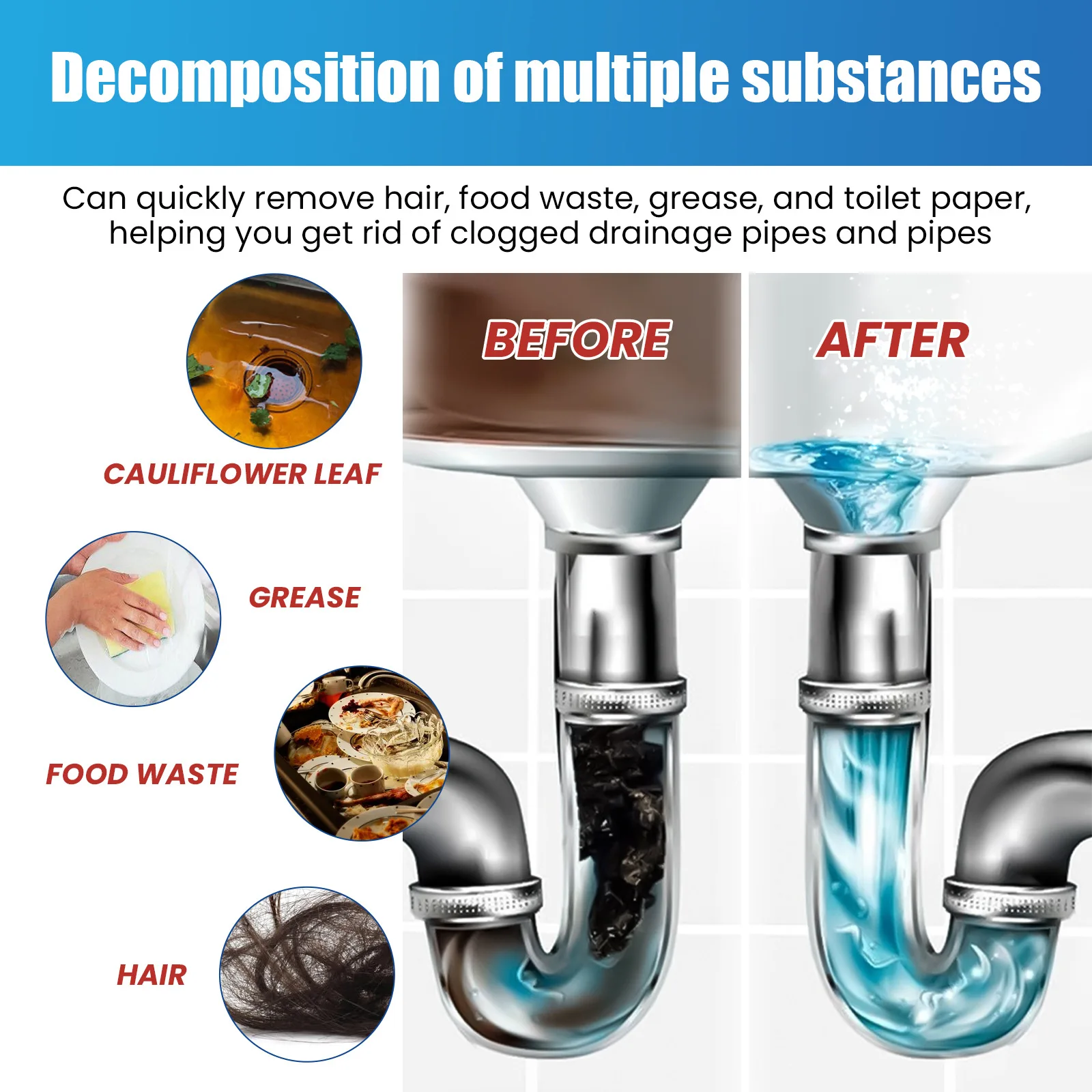 Drain Cleaner Powder Kitchen Dirt Odors Clog Remover Sewer Power Pipe Channel Powder Deodorant Sink Drain Pipe Dredging Agent