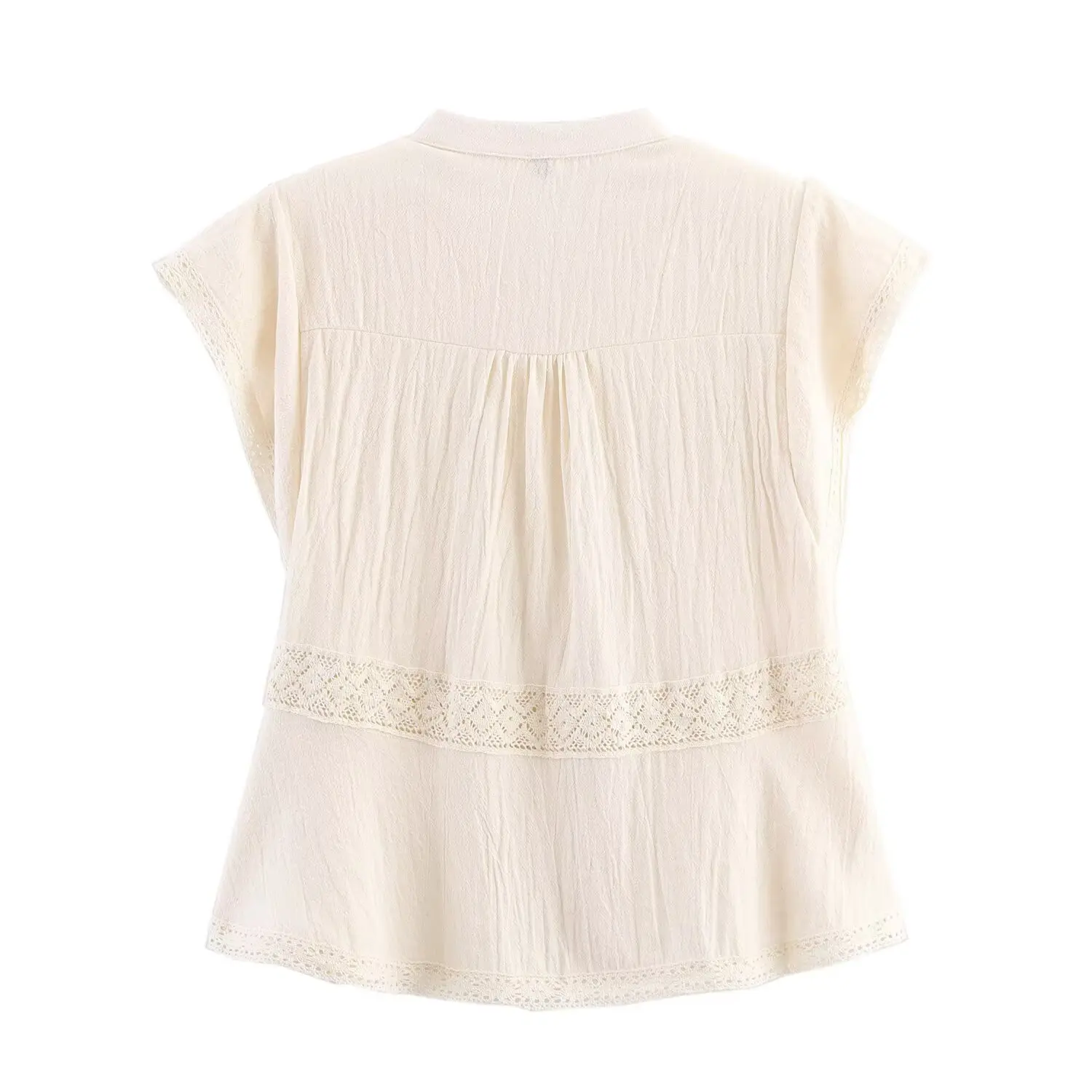 Zomer dames overhemd met enkele rij Kant gehaakte top in vakantiestijl Multi-Buled ronde hals Rechte bloemhaak gebreide vakantietop