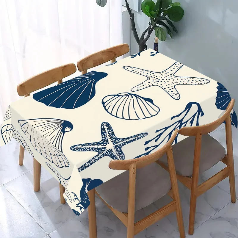 One polyester tablecloth, modern and minimalist ocean-themed tablecloth, featuring shells and starfish patterns, yzb