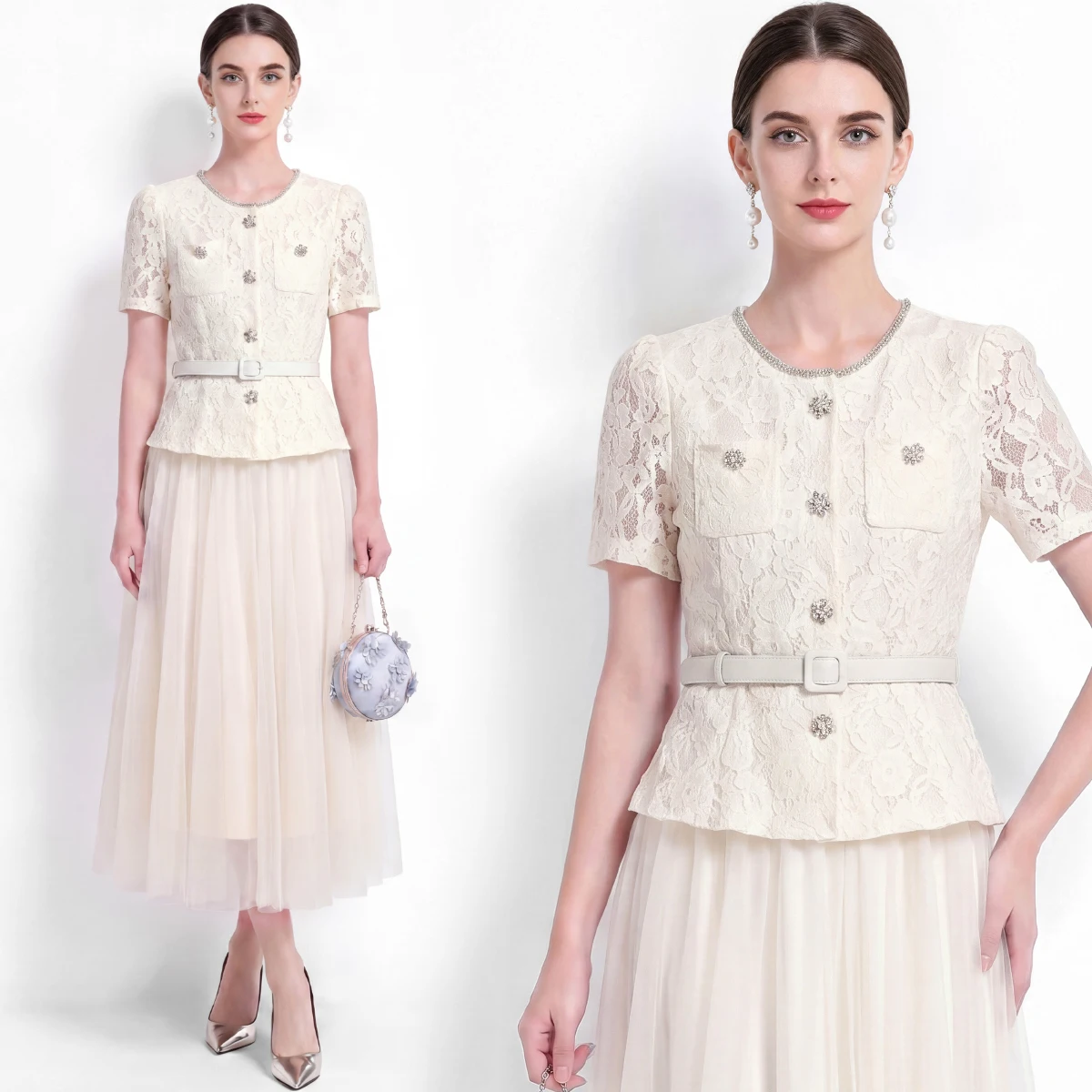 

Elegant Summer New Fashion High Waist Pleated Lace Splicing Dress Ladylike Personality Celebrity Style Fake Two-Piece Dress