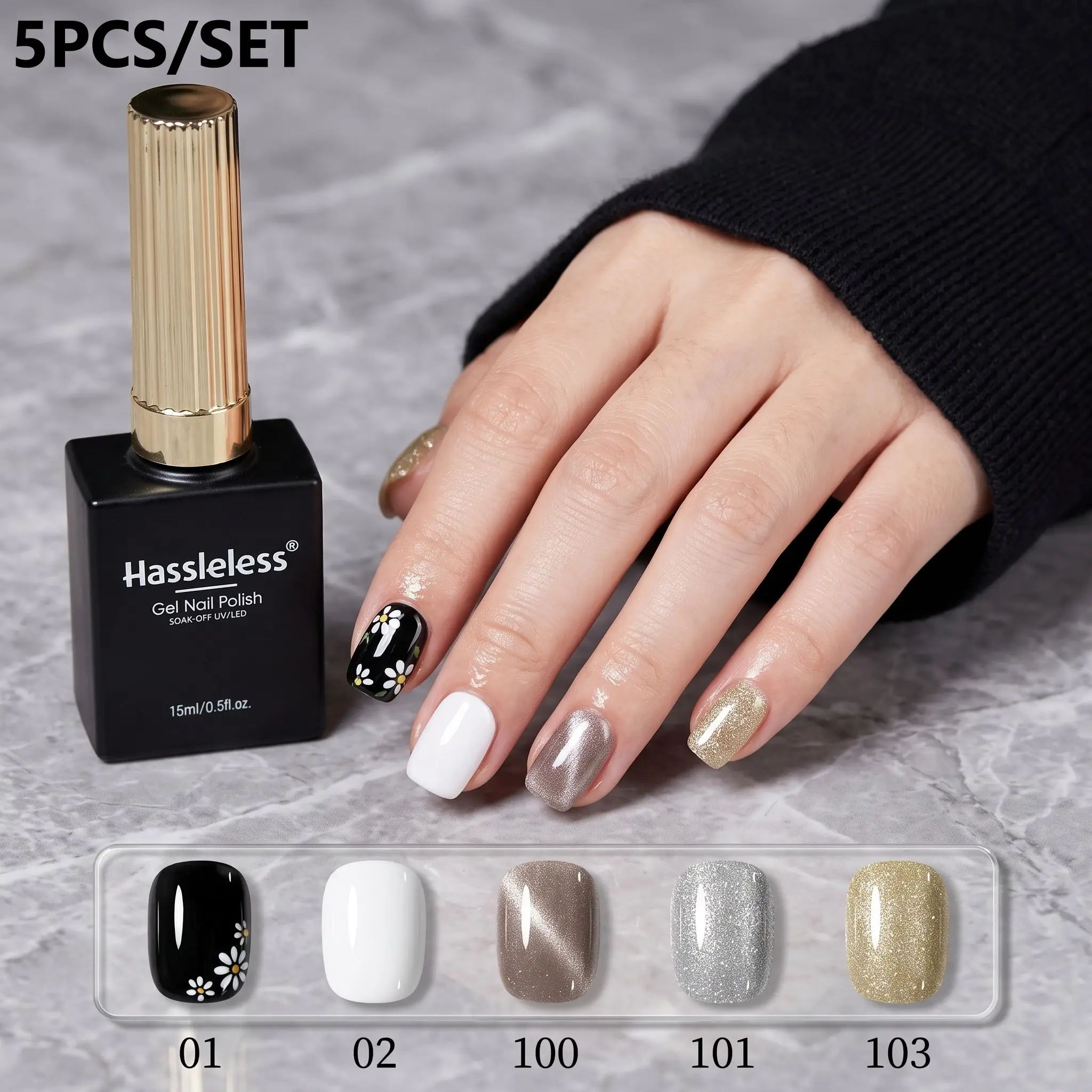 Hassleless 5Pcs Nail Polish Gel Set 0.5 Oz, Smooth and Streak-Free Fine Glitter Nail Polish, Smudge-Proof and Long-Lasting Brightening Nail Color