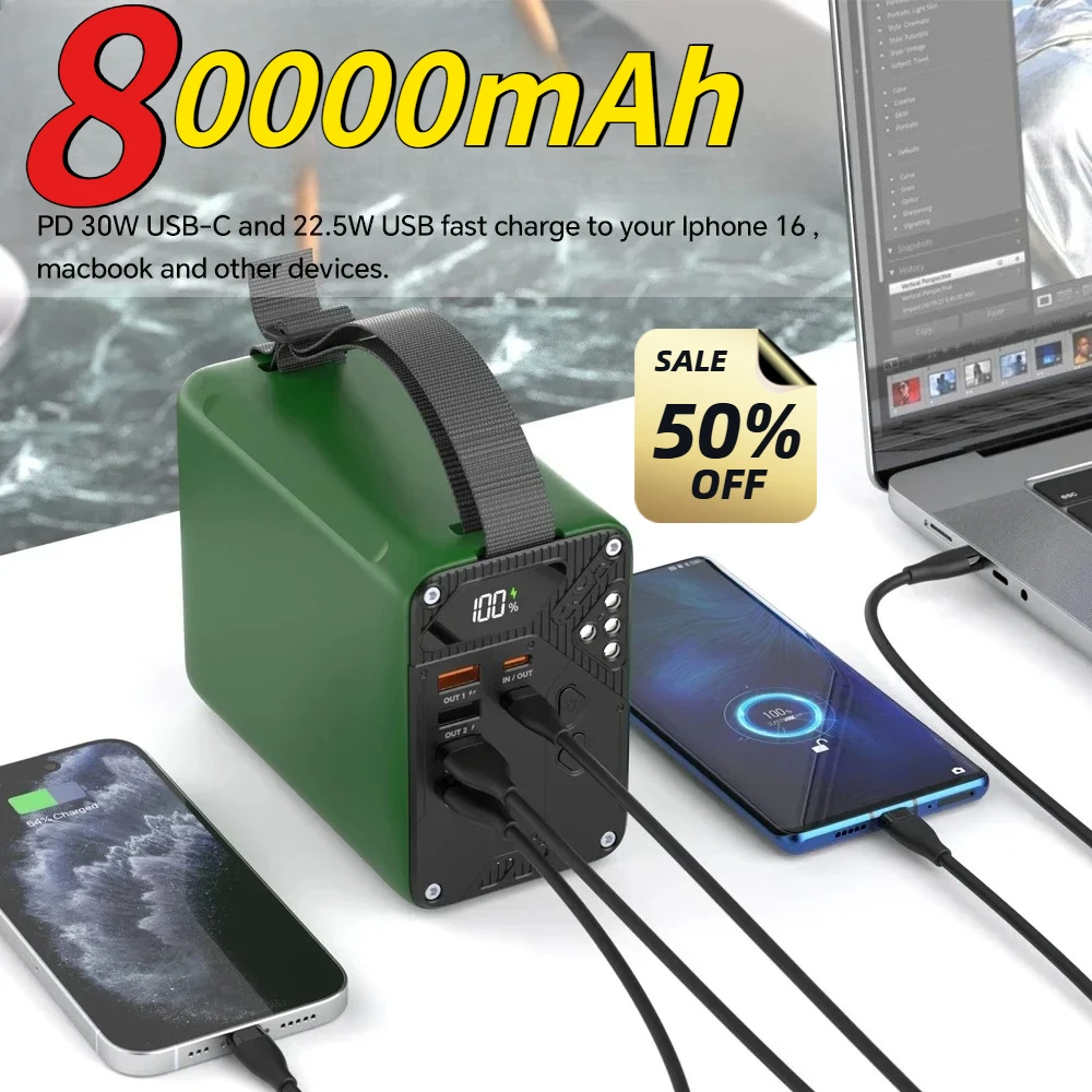 

80000mAh Large Capacity PD30W Fast Charging Portable Charge with LCD Display for Outdoor Camping Spare Battery Power Bank