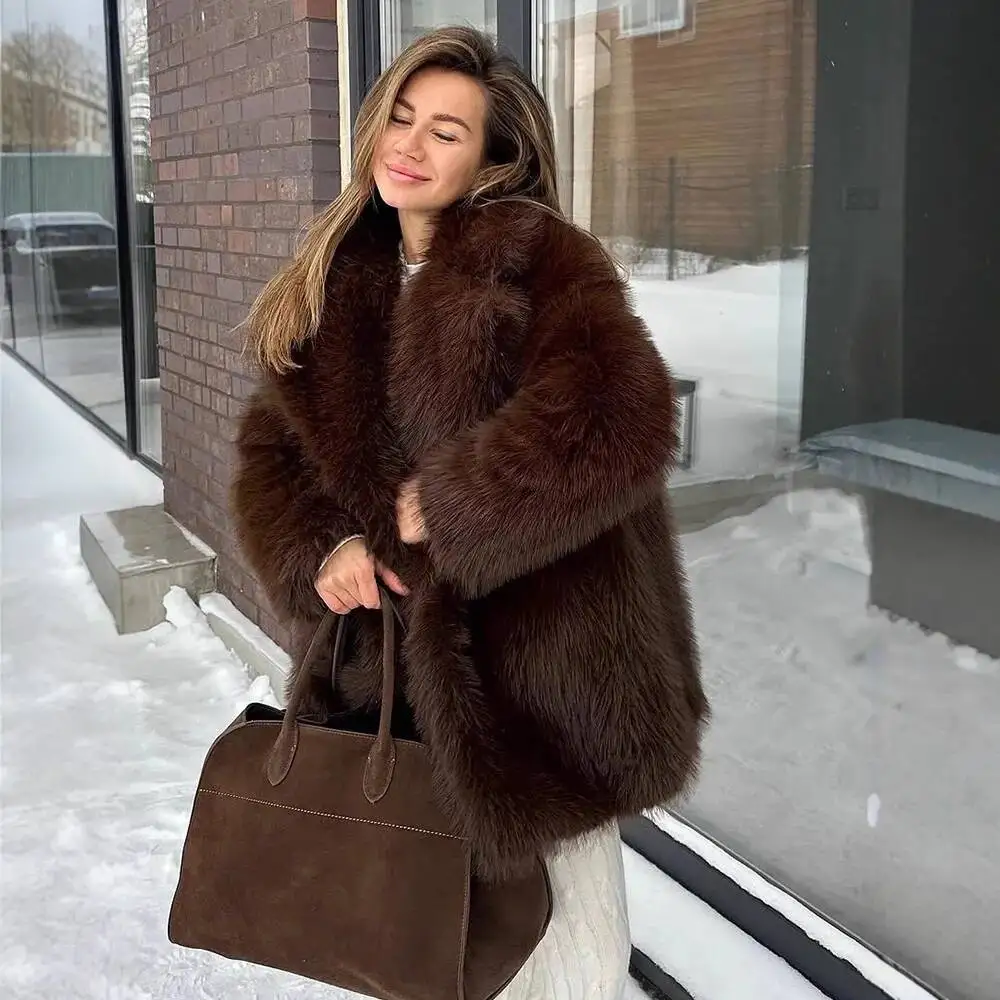 Warme herfst winter dame bontjas bruine nepbontjas pak kraag veelzijdige pluche jas voor dames