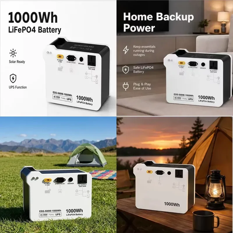 500W 1000Wh MPPT Portable Solar Generator LiFePO4 Battery Pack Pure Sine Wave Inverter Emergency Power Supply for Camping