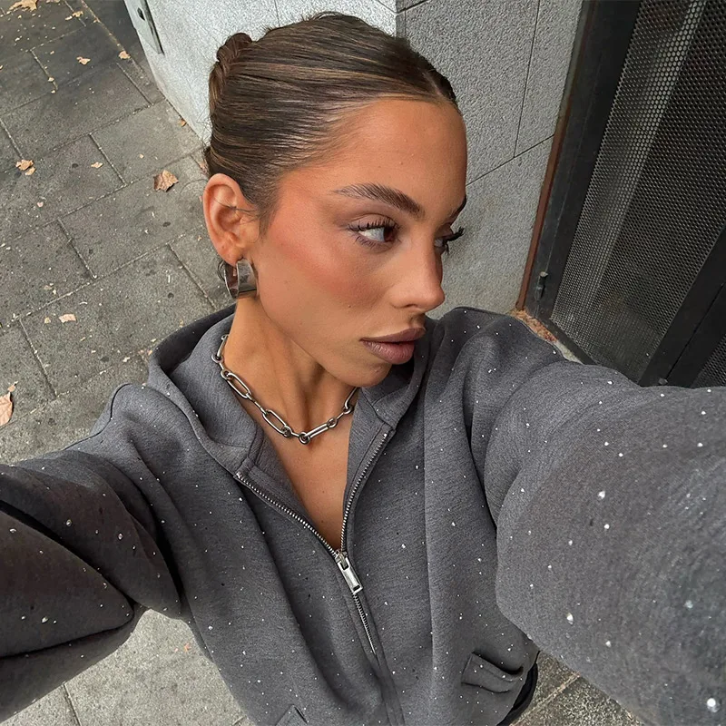 Autumn Warm Street Hooded Zipper Sweatshirt Lady Classical Puffy Mini Skirt Rhinestone Exquisite Trendy Casual 2 Piece Set