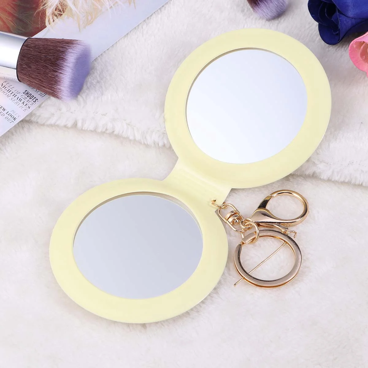 Mini Pocket Makeup Mirror Yellow PU Frame Foldable Double Sides Portable Compact for Women Gifts