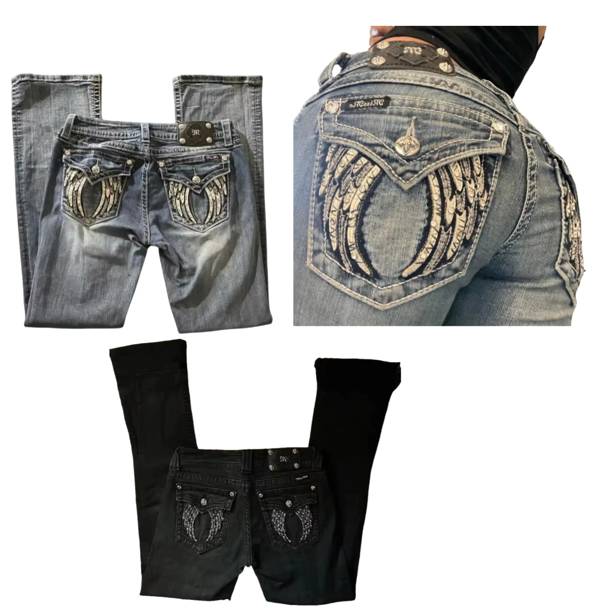 

High Waisted Micro Trumpet Blue Jeans for Women Hip Hop Gothic Rhinestone Pattern Embroidery Y2k Slouchy Baggy Jeans Women