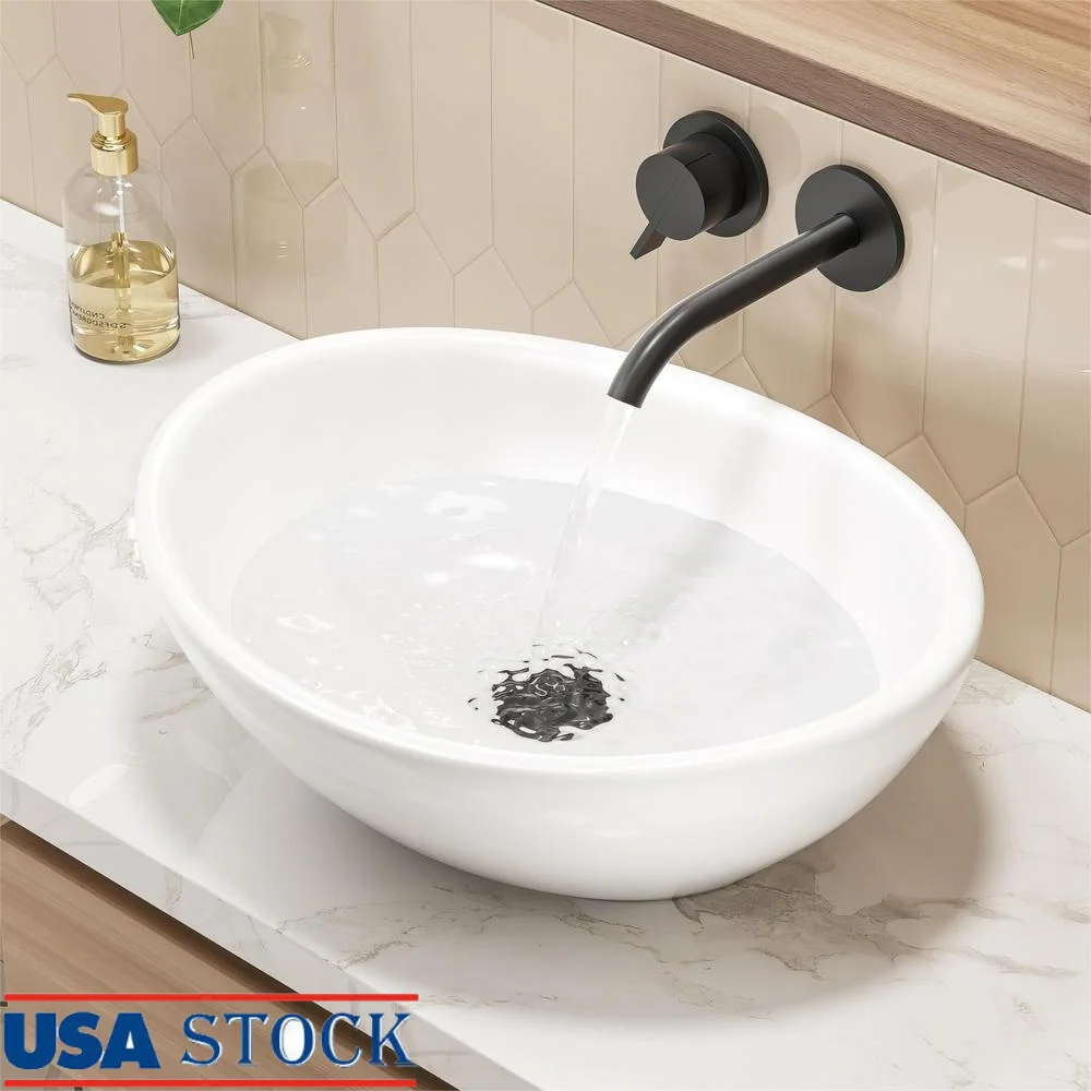 Pia de banheiro oval de cerâmica de porcelana branca, 16