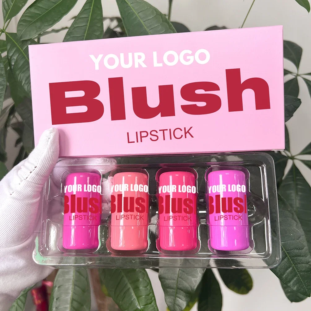 Private Label Rouge-Stick-Set, individuelles Logo, Jelly-Rouge, 4-teiliges Set, Großpigment, wasserfest, für Lippen, Wangen, Make-up, veganes Rosa, Paket