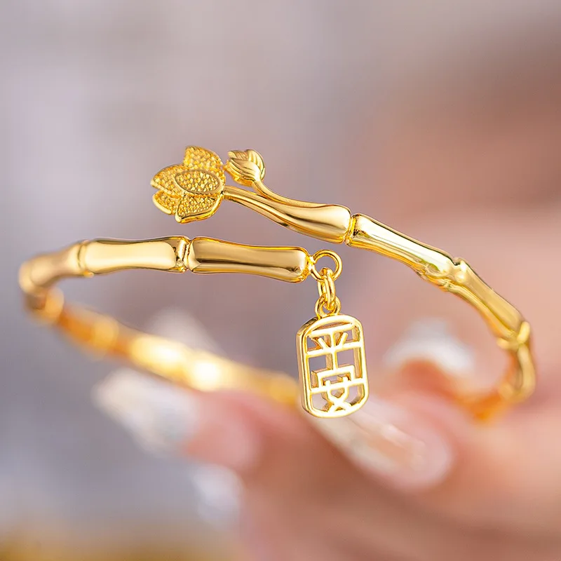 Minority senior sense of national style bamboo to protect peace bracelet gold plated k gold lotus bamboo ring bracelet 9999gold