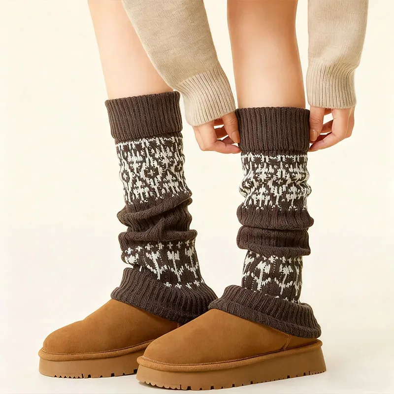 

1 Pair Women's Socks Autumn Winter Retro Pile Socks Warm Thick Leg Covers Diamond Shaped Calf Socks Knitted Booty Leg Warmers