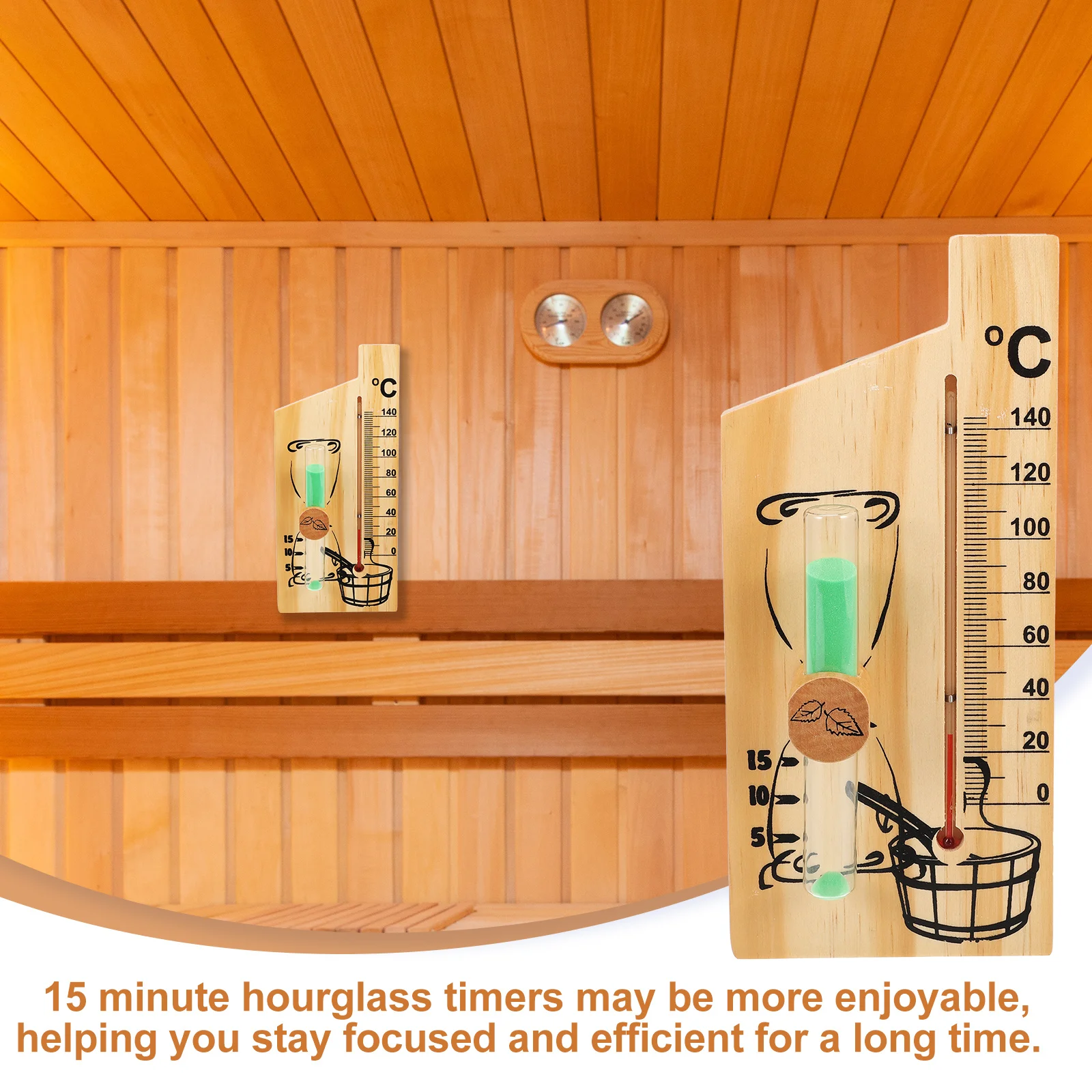 

Wall Mounted Sauna Thermometer Timer 15 Minute Hourglass Sand Clock Spa Pool Decor Wooden Material Smooth Surface Practical Use