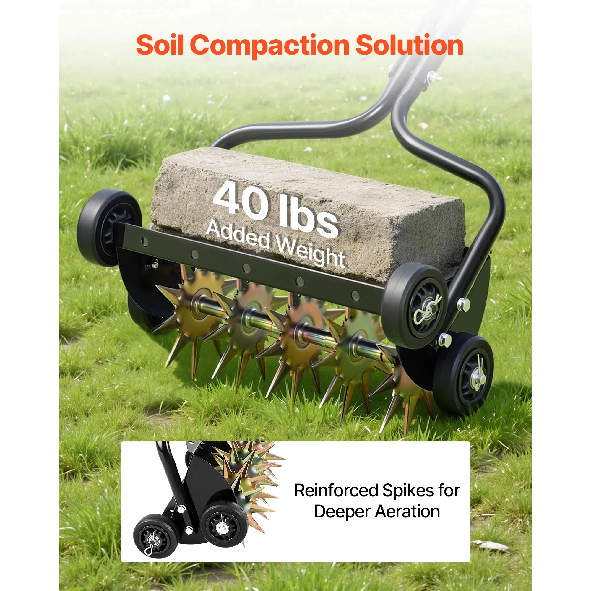 Lawn Aerator, 18 in Manual Push Spike Aerator with 4 Wheels & Handle, Heavy Duty Grass Aerators, Supports 40 lbs Added Weight, Rolling Lawn Aeration Tool for Garden Yard Aeration Soil Health