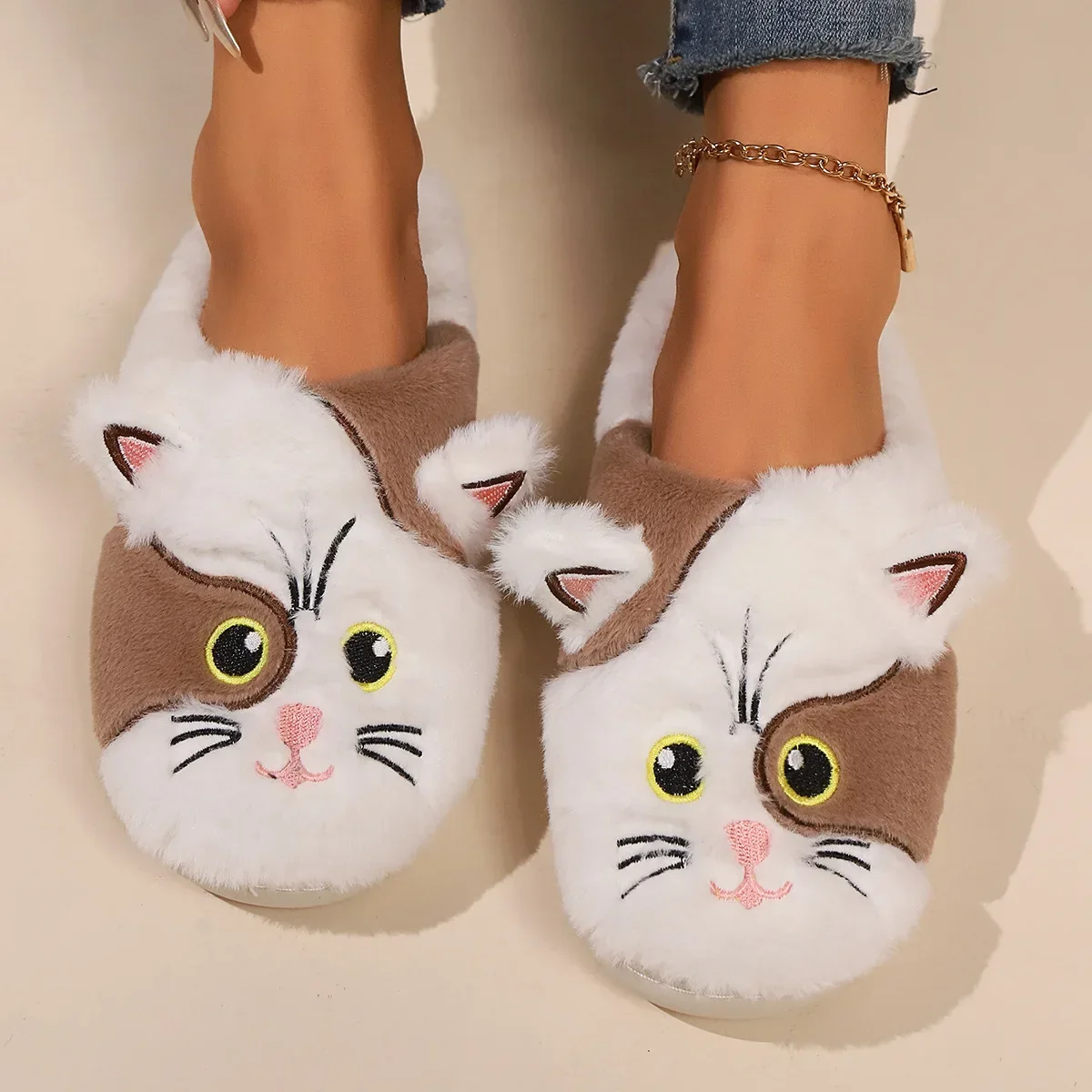 Women Kawaii Cat Kitten Plush Slippers Fluffy Fur Plush Women's Home Slippers Cute Non Slip Winter Shoes Women Christmas Gift