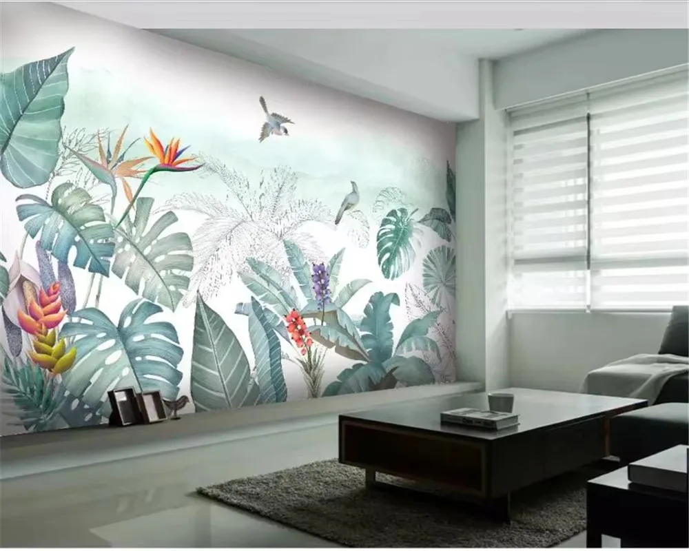 Custom sized murals featuring tropical rainforest turtle back leaves, banana leaves, wallpaper, forest plants, and flying birds
