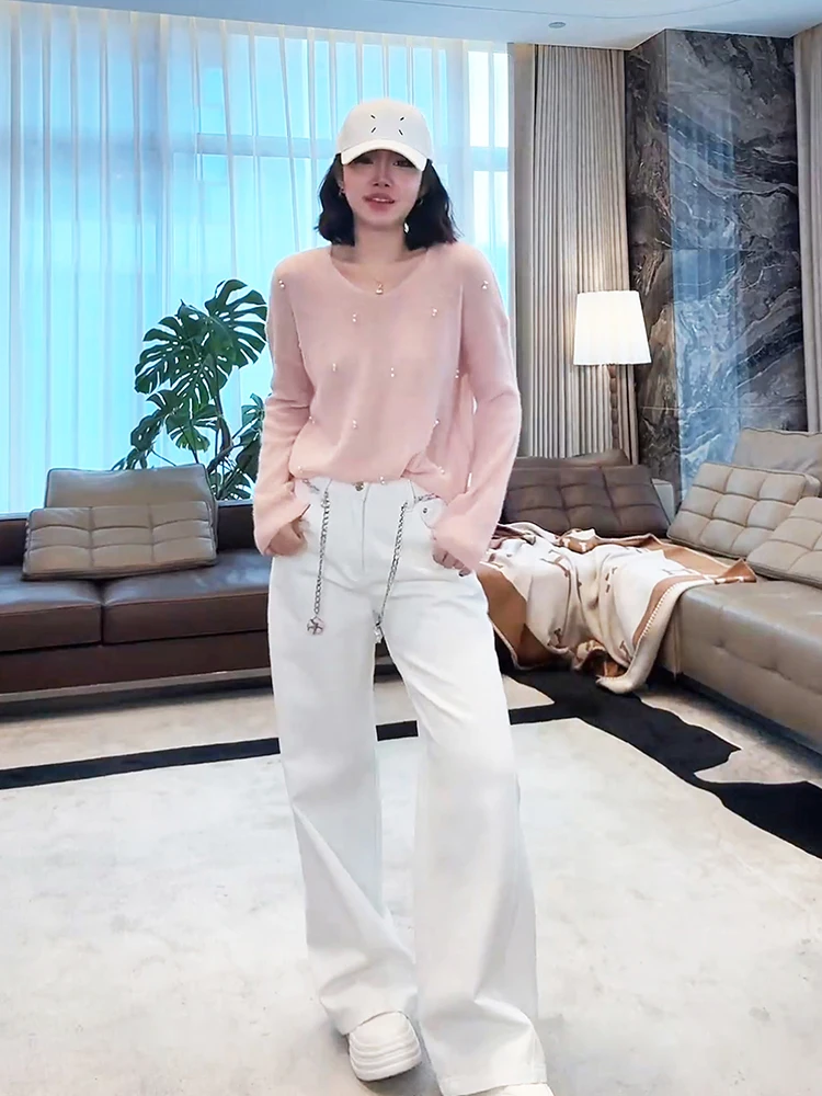 

Soft Woolen Knitted Sweater Breathable Faionable Versatile V-Ne Long Sve Mid-Length Spring Season Color M062