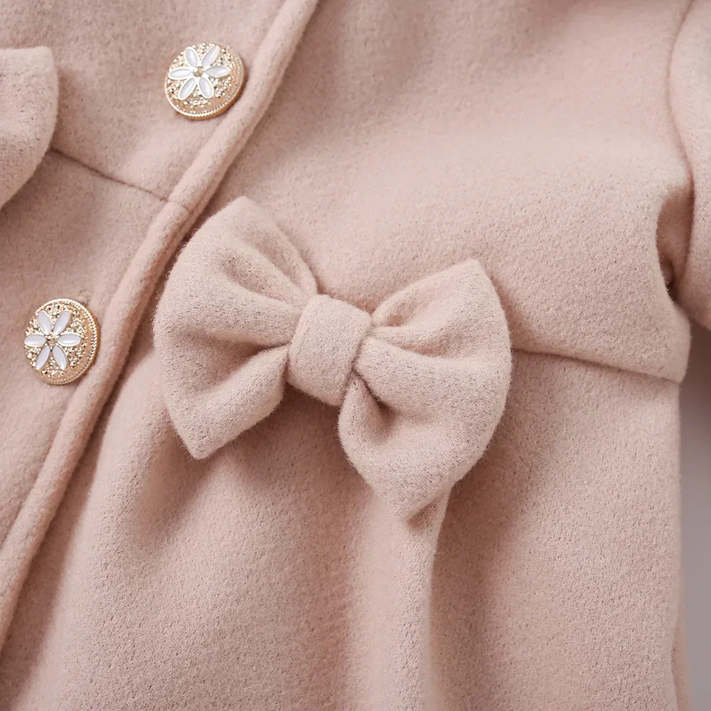 Winter New Woolen Coat for Baby Girls Coat Coat Coat Furry Lapel Bow Long Sleeve Warm Fashion Coat (0-3 Years Old)