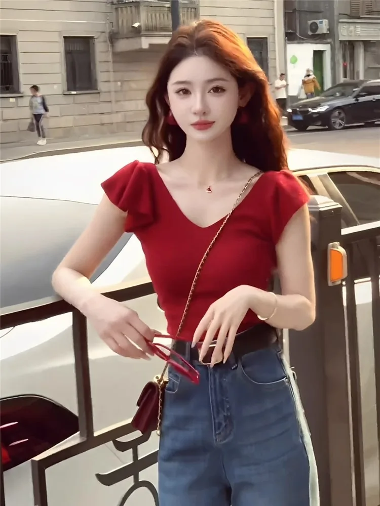 

Женский топ Ele Red Knitted Ice Silk с Flng Sves Summer New Sle Korean Version Slim Fit V-Ne ort Sve T-S...