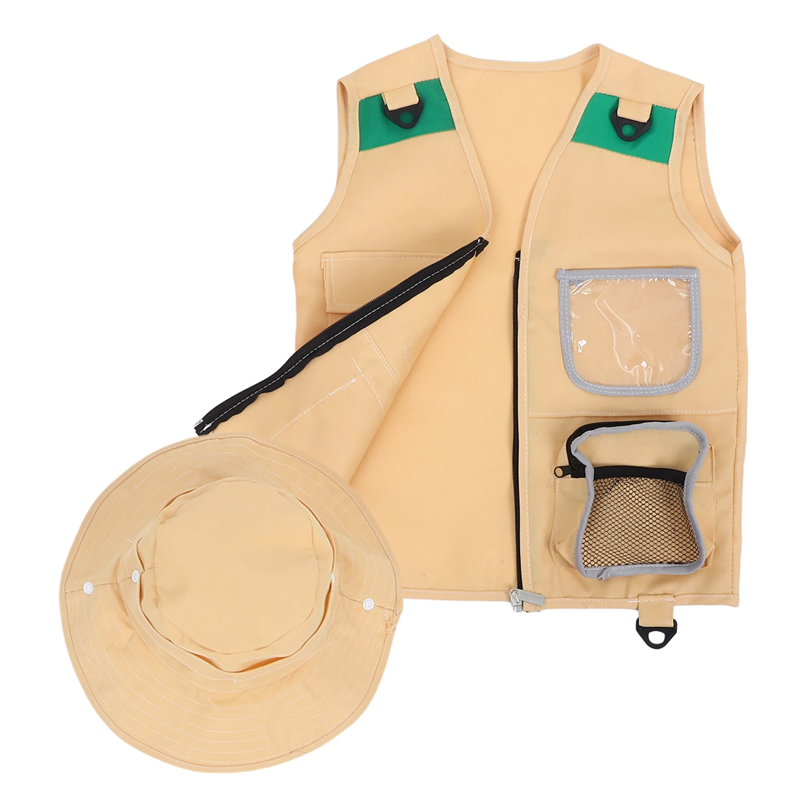 

Explorer Vest Hat Kit Kids Outdoor Costume Khaki Lightweight Breathable Wide Brim Fishing Travel Camping Boating Activities