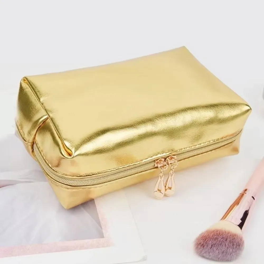 Silver/Gold Handheld Makeup Bag Waterproof PU Leather Cosmetic Bag Soft Zipper Closure Travel Makeup Organizer Cosmetic Storage