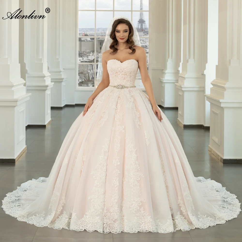 Alonlivn Elegant Sweetheart Princess Bridal Dress Off Shoulder Appliques Lace Wedding Gowns Novias