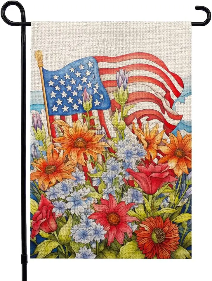 4th of July Floral Garden Flag 12x18 Vertical Double Sided, Patriotic Burlap Yard Flag for Independence Day Outside Decorations