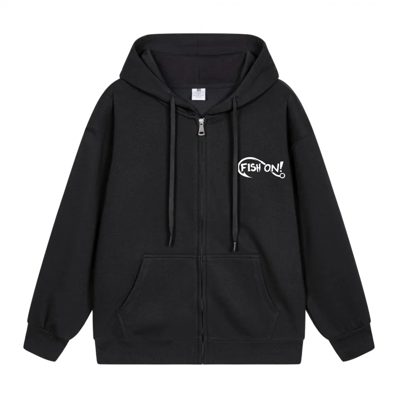 

Men's Zip-Up Hoodie Black Hoodie With White Logo 2025 New Style Casual Couples’ Style Casual and Loose