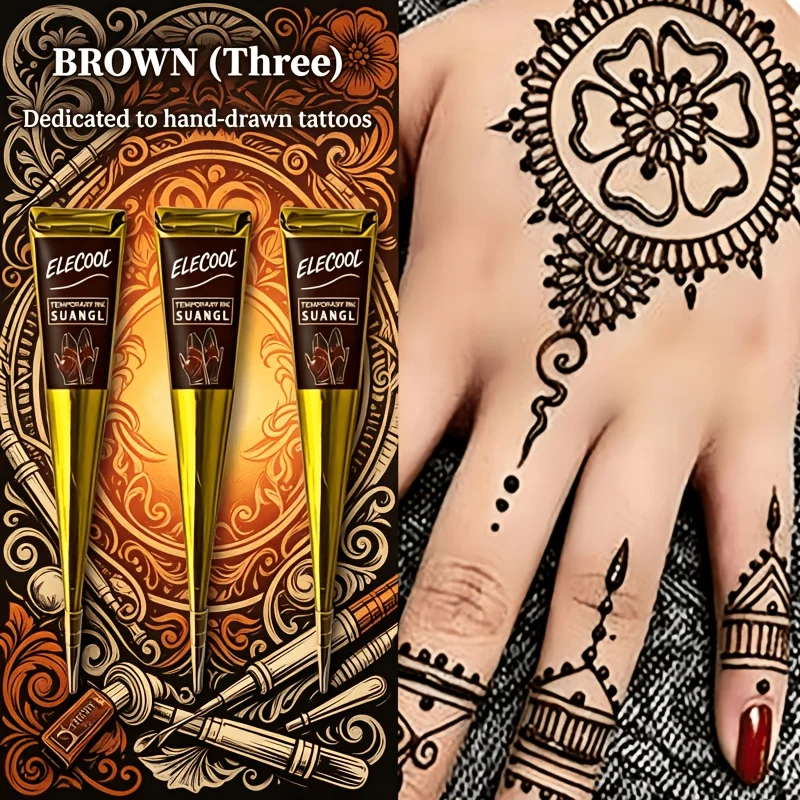 SUANGL Temporäres Henna-Tattoo-Set 3 Farben Schwarz Braun Rot mit Schablonen für Anfänger Profis Party Geschenkset